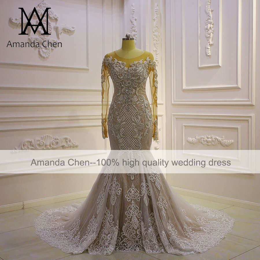 robe mariee Long Sleeve Handwork Crystal Rhie Mermaid Wedding Dress