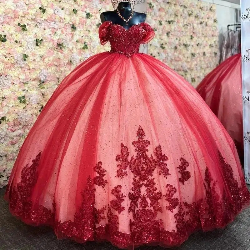 Mexico Red Shiny Quinceanera Dresses Sequin Appliques Lace Beads Tull Off the Shoulder Birthday Party Sweet 16 Vestidos De 15 Anos