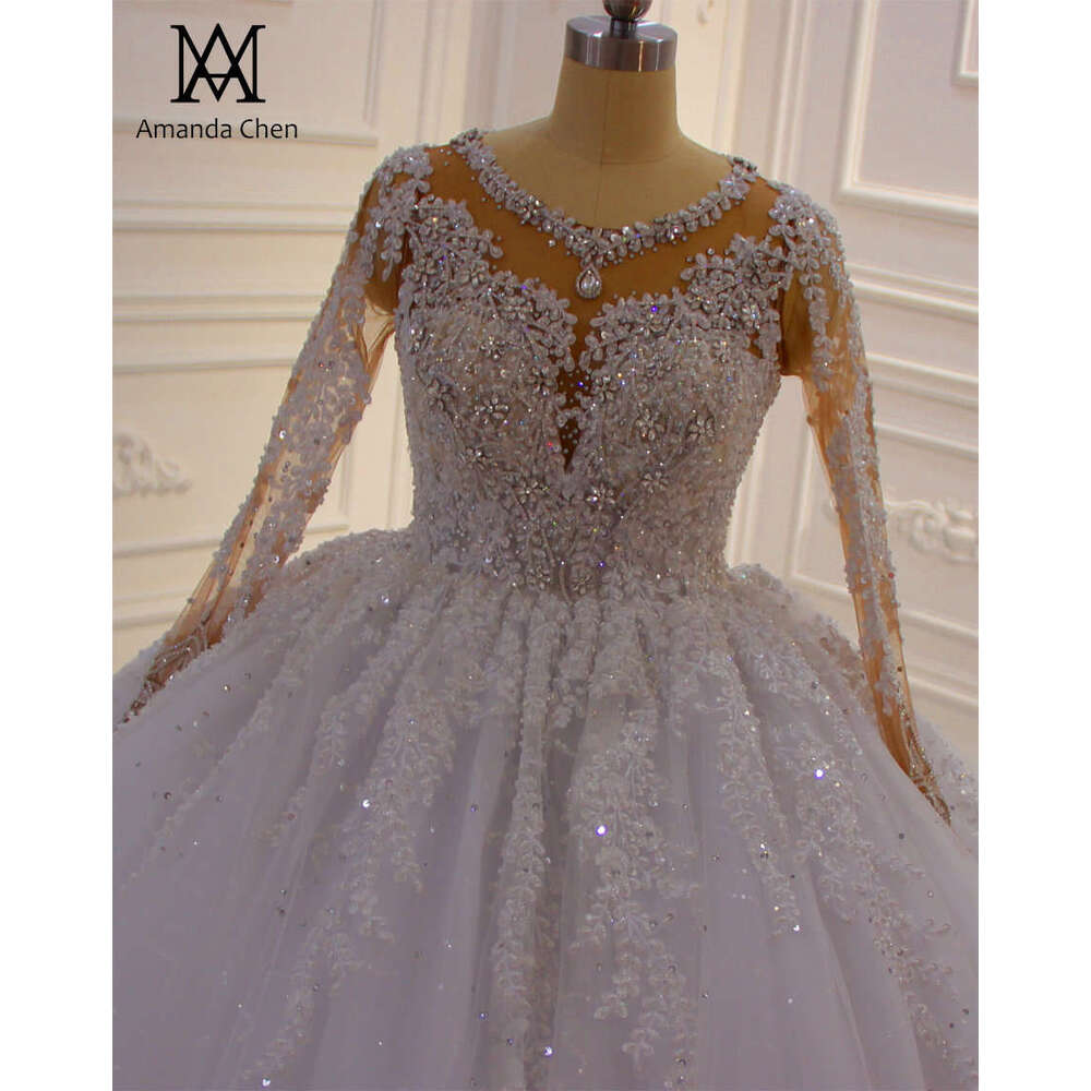 vestido de novia princesa Long Sleeve Lace Applique Rhie Crystal Pure White Wedding Dress