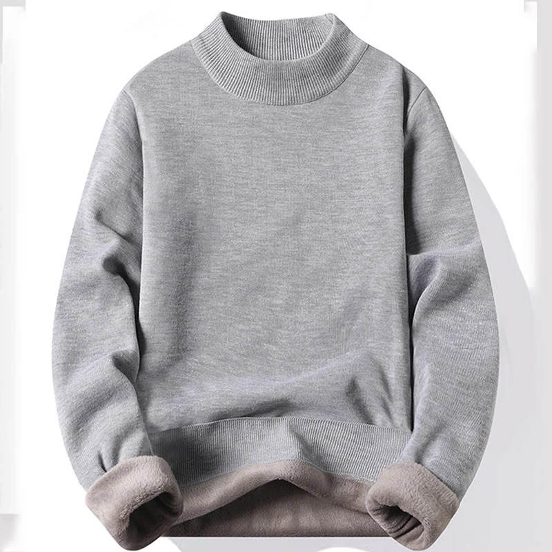 Winter Mens Knitted Sweater with A Half High Collar Solid Color Plush and Warm Knitted Lining Top Casual and Versatile Top 241106