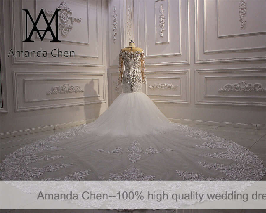 mariage Long Sleeve Lace Appliques Crystal Mermaid Wedding Dress