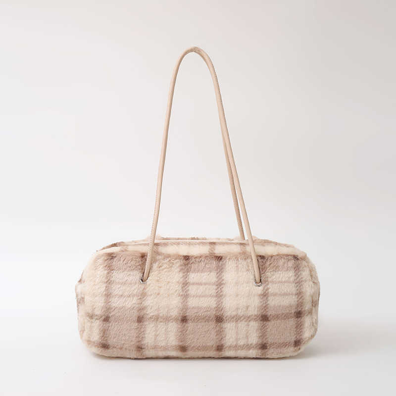 fur bag women with fragrant style, woolen plaid shoulder bag, Korean version, fashionable underarm bag, high-end plush bag 241115