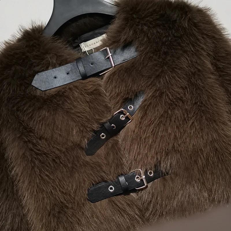 Environmentally Friendly Faux Fur Coats Women Winter Fall Short Cut Long Sleeves Belt Buttons Thick Warm Lady 241104