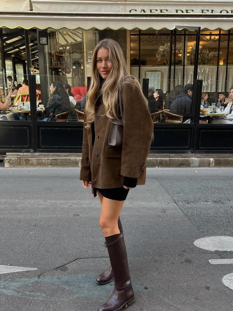 Chic Brown Suede Jacket For Women Elegant Lapel Long Sleeve Single Breasted Pockets Coats Autumn Office Lady Commuting Outwear 241106