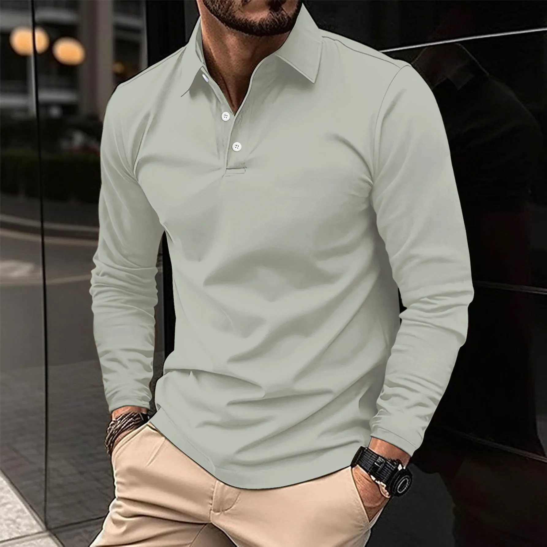 New autumn mens solid color button down collar long Sve shirt casual business breathable top W241106