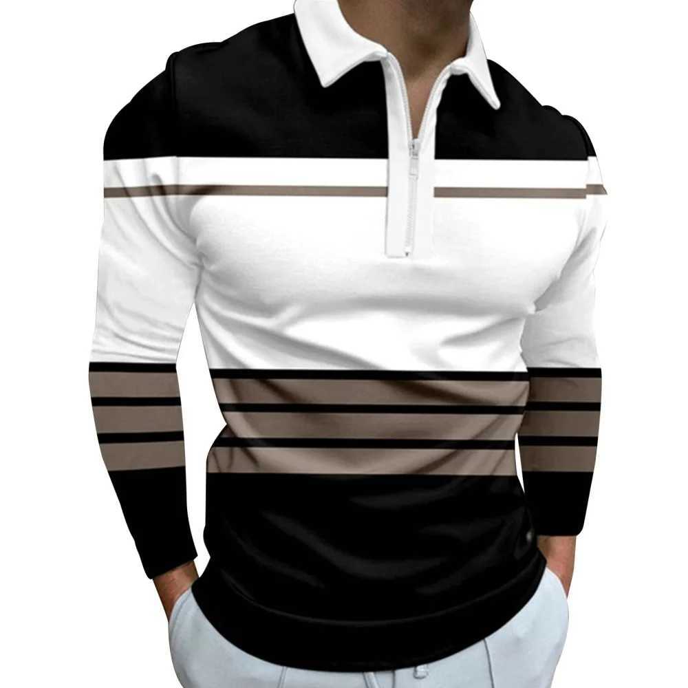 Mens T-shirt Fashion Stripe Printed Casual Sports Collar Shirt Mens Top Strt Zipper Mens Long Sve T-shirt W241106