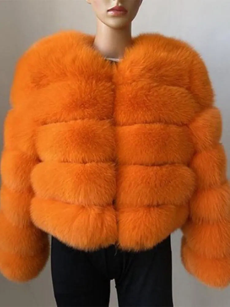 Elegant Faux Fur Short Coat Women Oneck Crop Long Sleeve Artificial Fox Fluffy Lady Jacket Autumn Winter Female Outwears 241104