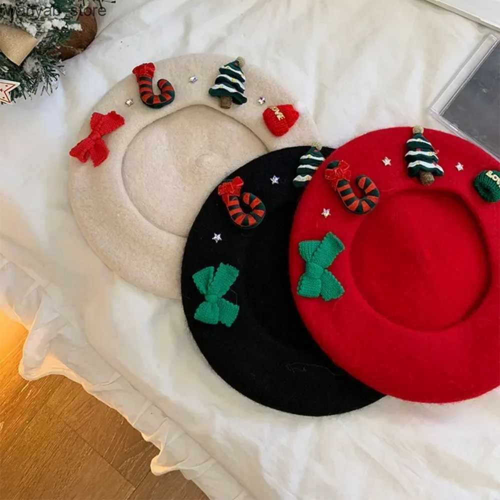 Wide Brim Hats Bucket Hats Women Christmas Beret Cap Red Green Beret Female Winter Headwear Xmas Party Dress Up New Year Gifts Girl Wool Christmas Hat