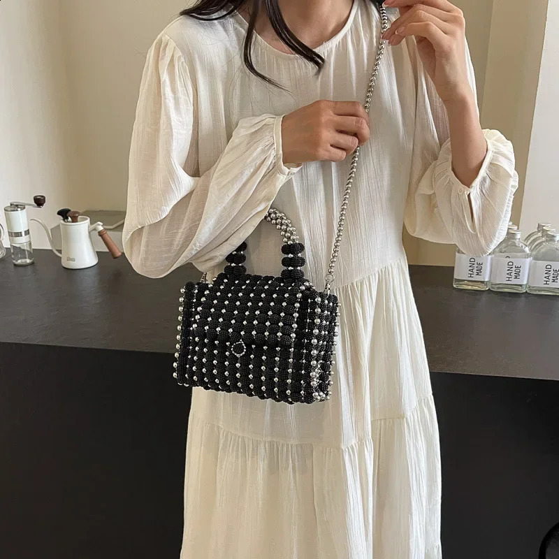 Black small square handbag womens summer bead handbag phone bag coin wallet retro pearl shoulder cross body bag 241105