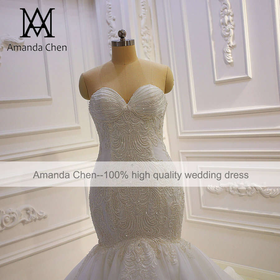 robe Lace Appliqued Beading Mermaid Off White Strapless Wedding Dress
