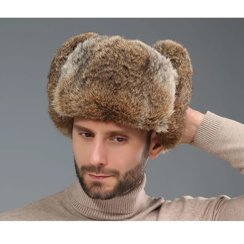 Fashionable Thick Warm Bomber Hat Mens True Rabbit Fur Earrings Catcher Russian Hat Mens Large Winter Hat Mens Ski Russian Hat 241106