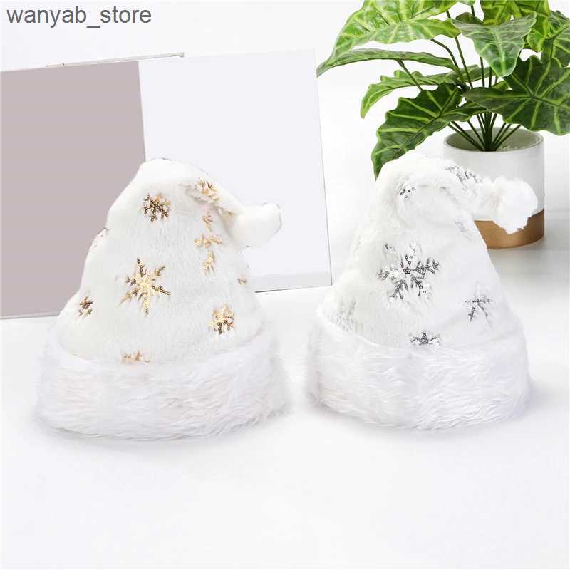 Wide Brim Hats Bucket Hats White Plush Christmas Hat Gold Silver Sequins Snowflake Embroidered Santa Hats Caps For Xmas Home Party Decor Navidad Gifts