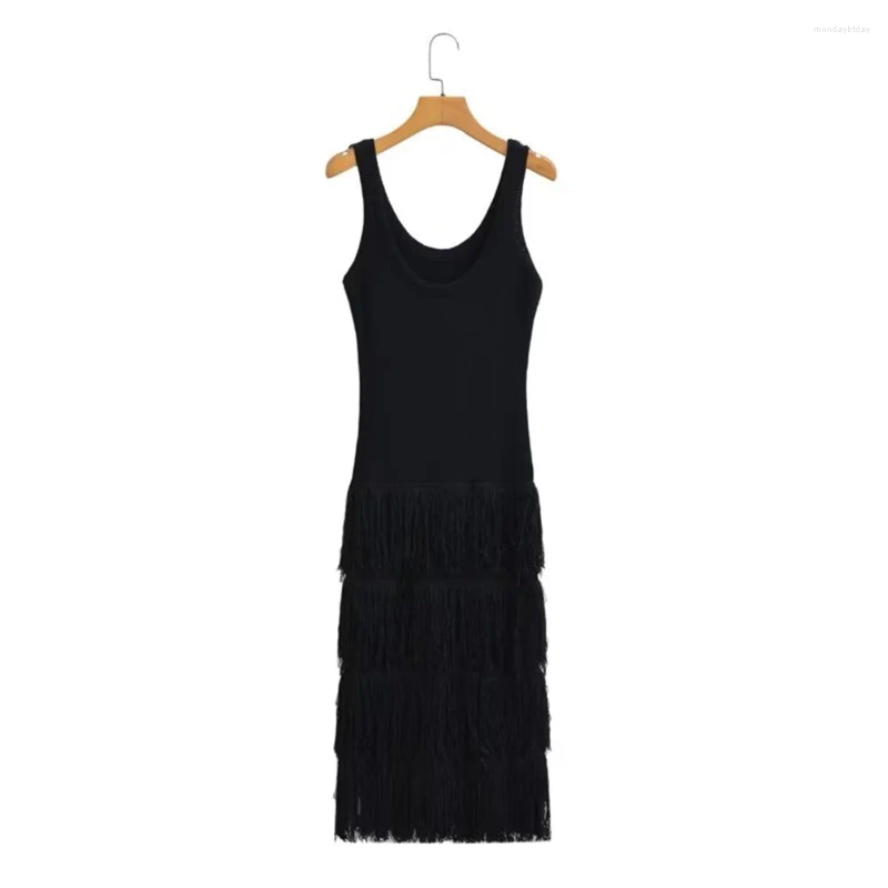 Autumn Women's Tank Top Skirt Long Sleeveless French Fringe Detail Knitted Dress