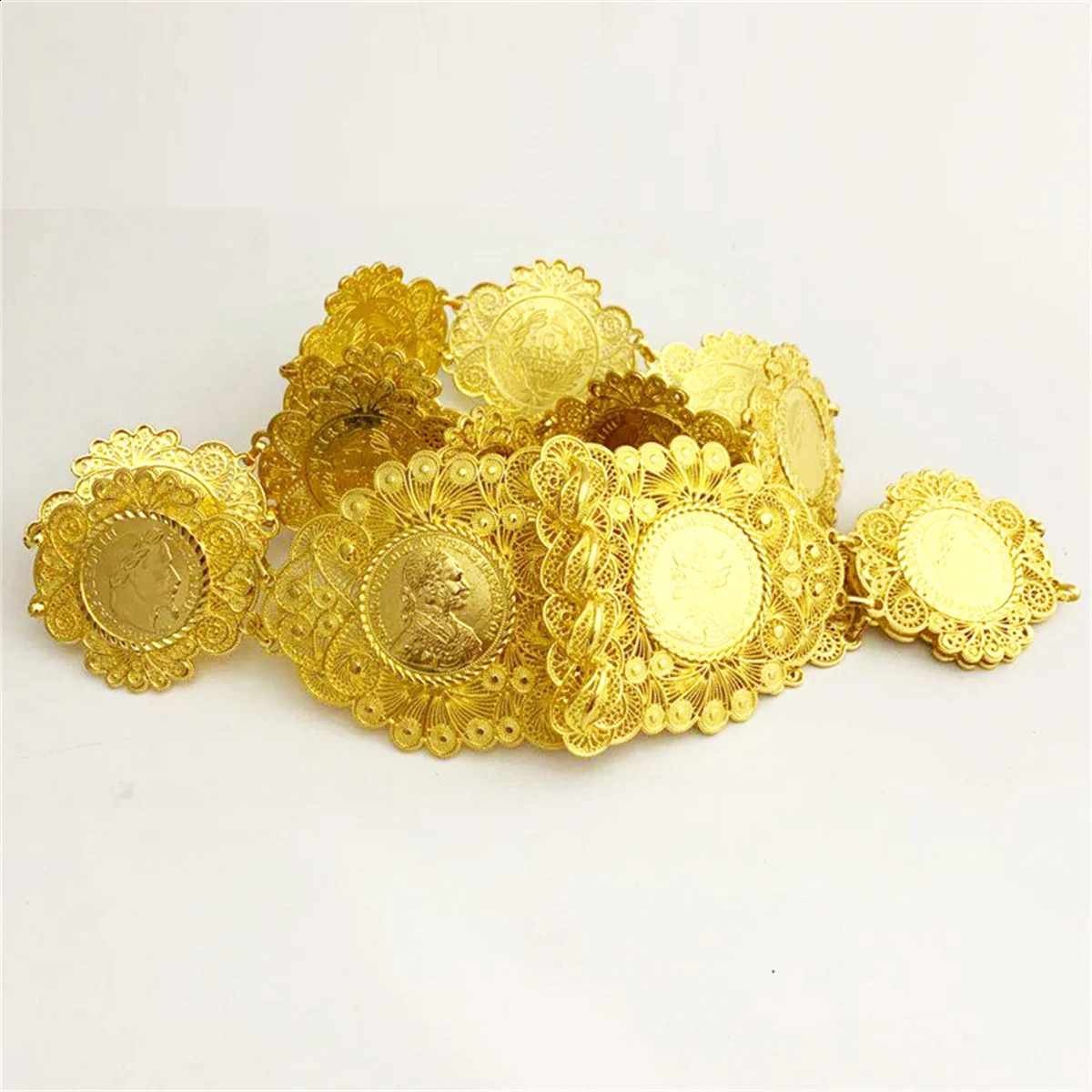 Algerian Coin Bridal Belt Gold Plated Metal Hand-Made Fine Carved Napoleon Head Arab Traditional Festival Dress Waist Chain Jewe 240329bj
