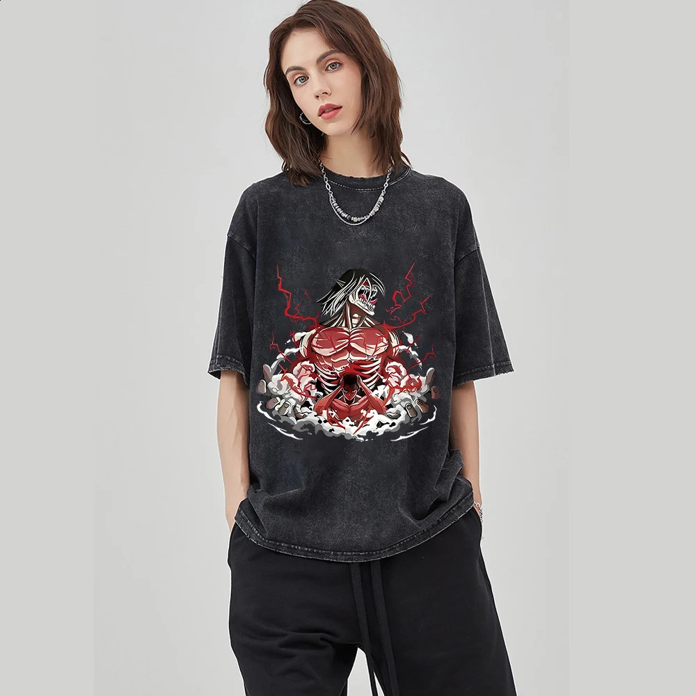 Hip Hop Oversized Streetwear Vintage Tshirts Japanese Anime Printed Washed Short Sleeve T Shirt Summer Cotton Male Tops 240402