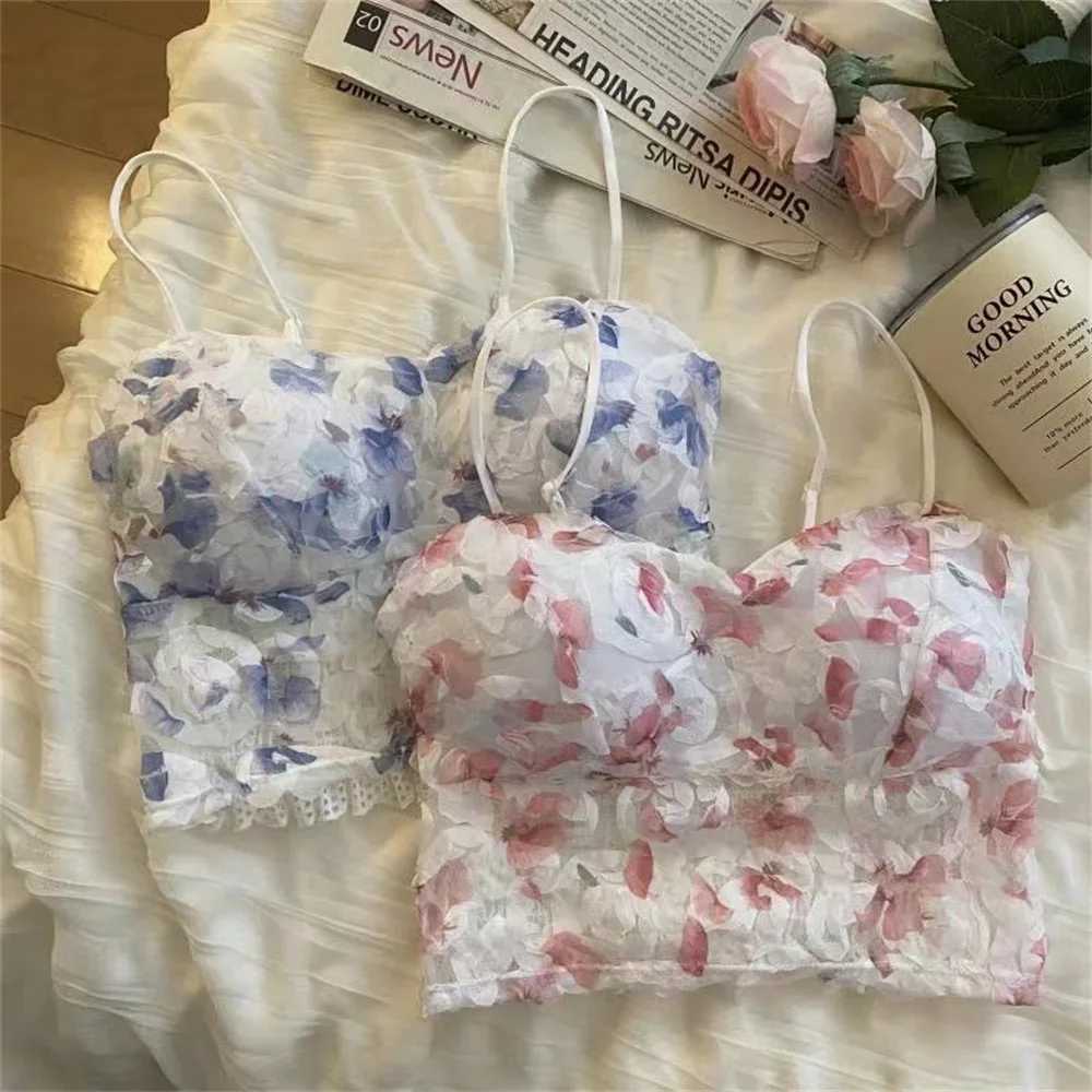 Floral Printed Camisole Woman Summer Sweet Spaghetti Strap Tank Top Fe with Built in Bra Corset Women Vest with PaddedX241022