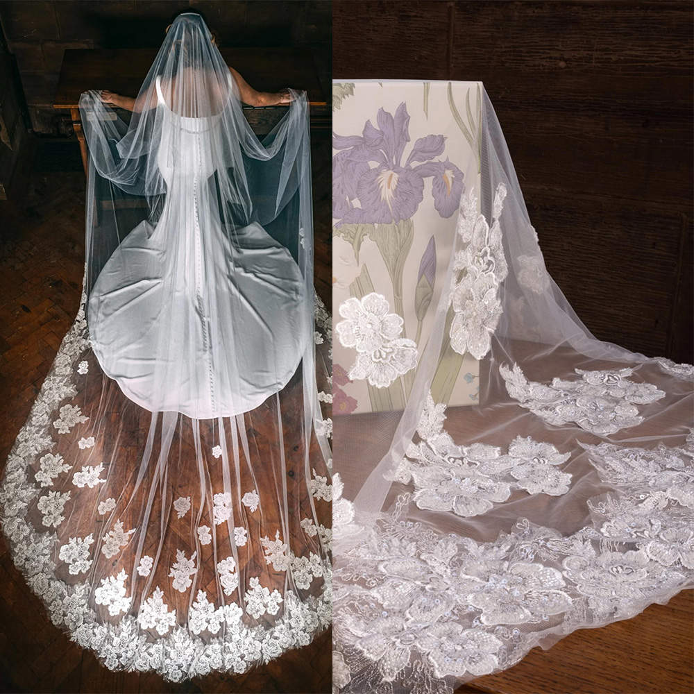 Luxury Wedding Veils Appliques Lace One Layer Cathedral Length Bride Veil Customized Applique Edge With Comb Bridal Accessories