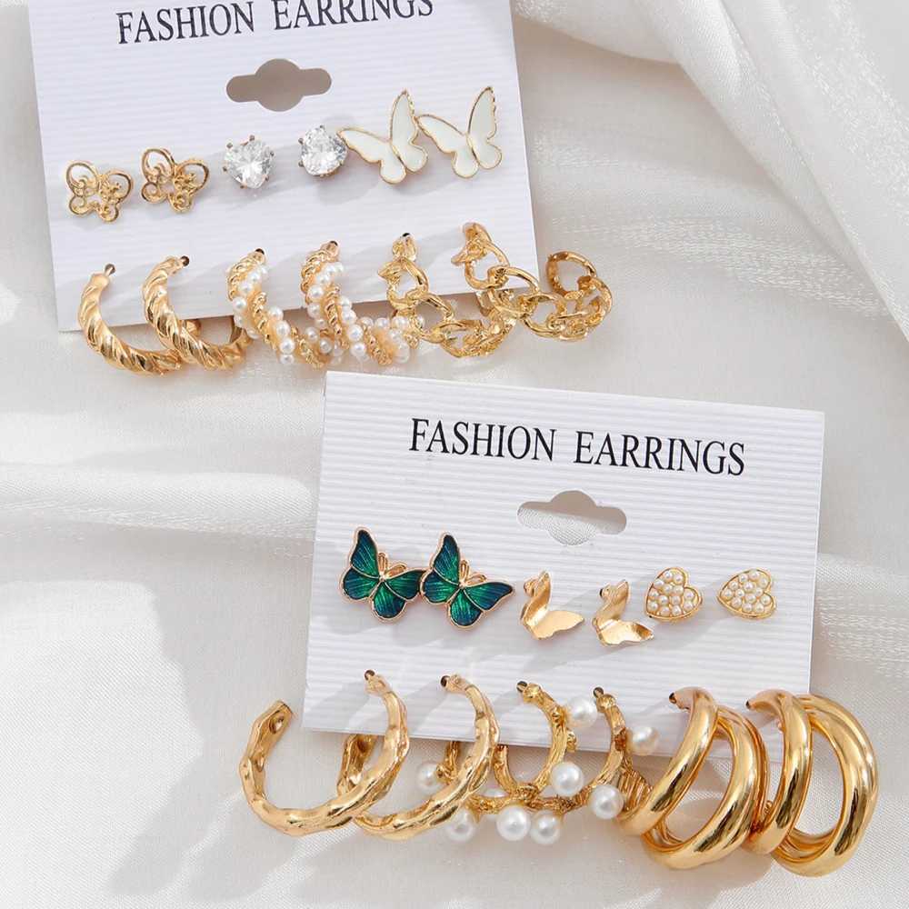 Golden Pearl Ring Earring Set Metal Pendant Earrings Retro Round Guitar Twist for Wen Girls Jewelry Gift X241106