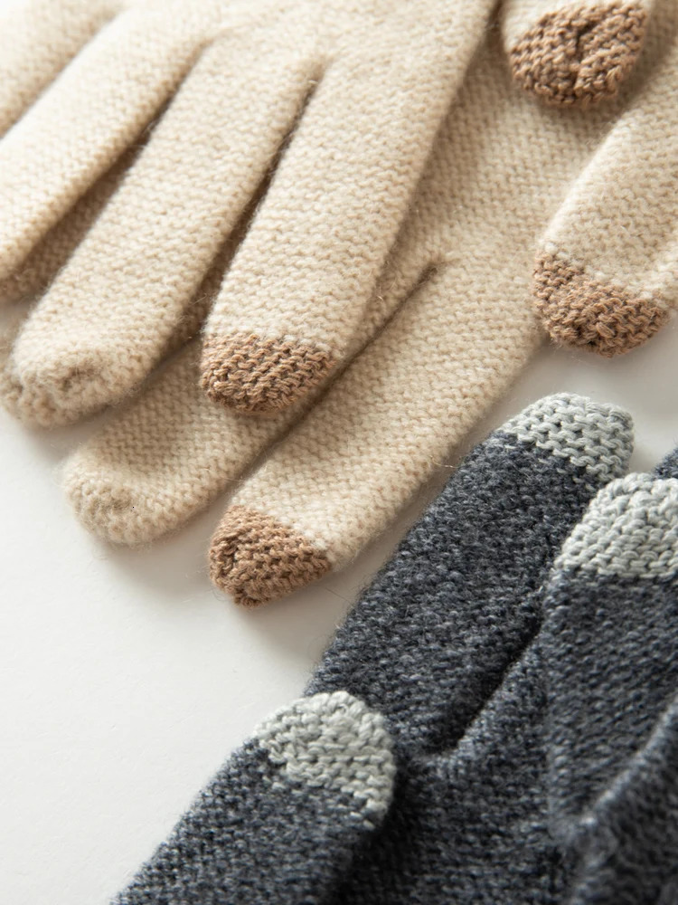 100% genuine cashmere knitted gloves touch screen fingers womens autumn and winter thick cable warm wrist classic womens gloves 241106