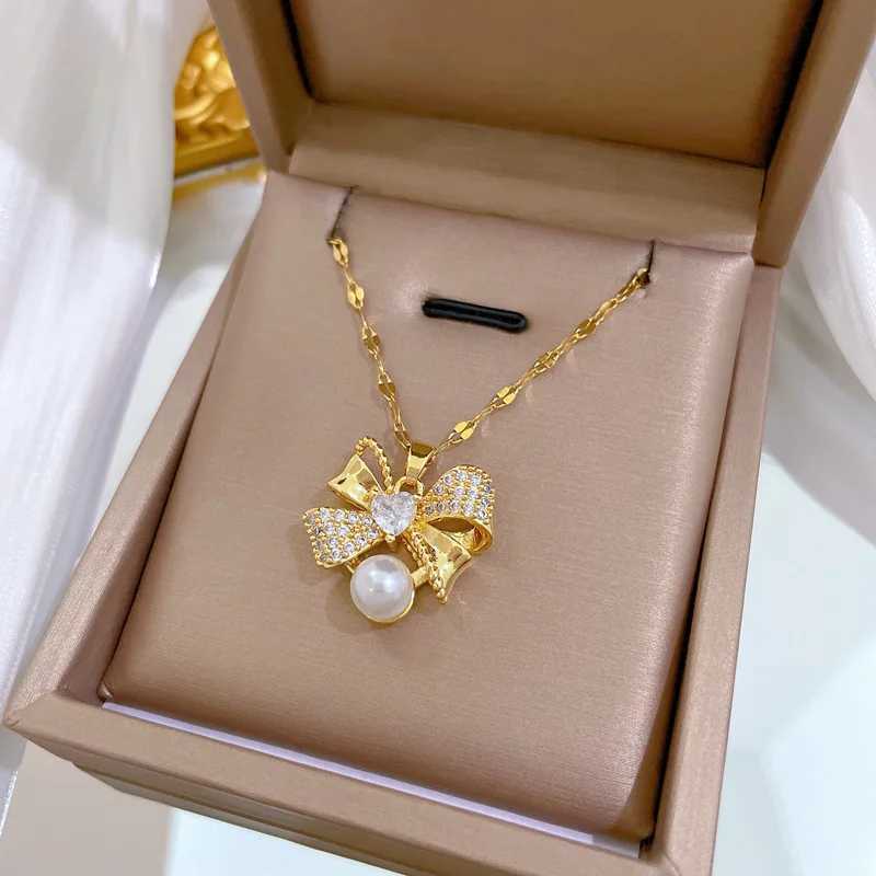 Classic Personalized Micro inlaid Pearl Stainless Steel Bow Necklace Earring Set Fashion Girl Ning Accessories Gift X241106