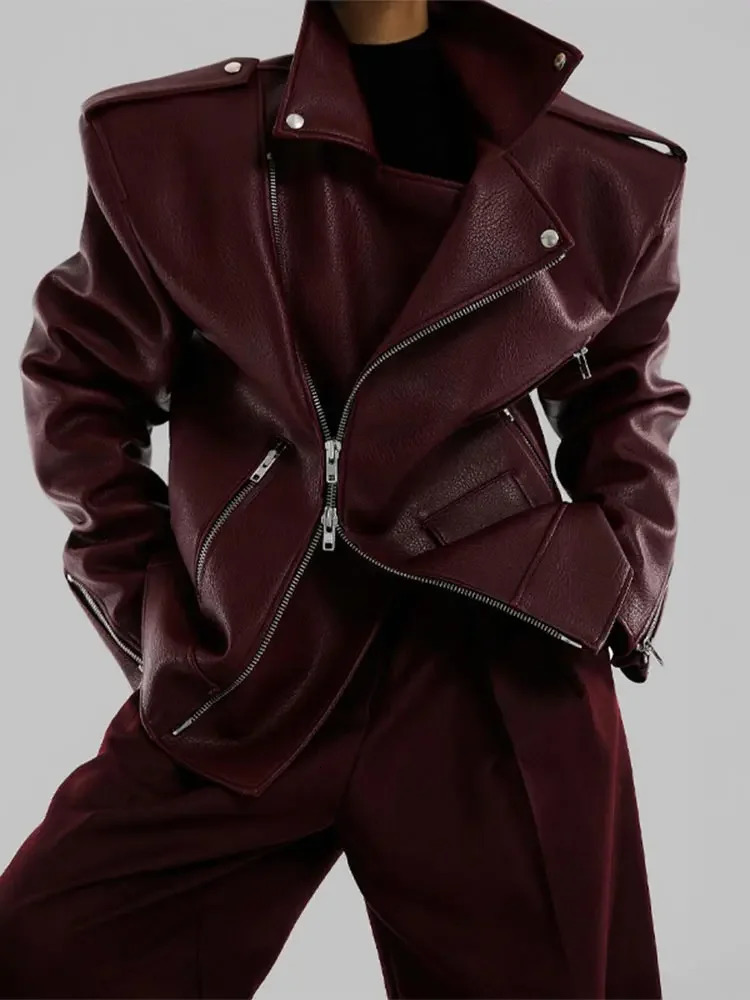 Womens Fashion Double Zipper Long Sleeved Coat Vintage Burgundy Pocket Pu Leather Jacket Autumn Female Street Outerwear 241106
