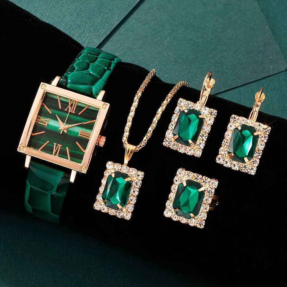 5 pieces/set of vintage square pointer quartz watch with simulated green watch and rhinestone jewelry set for M as a gift X241106
