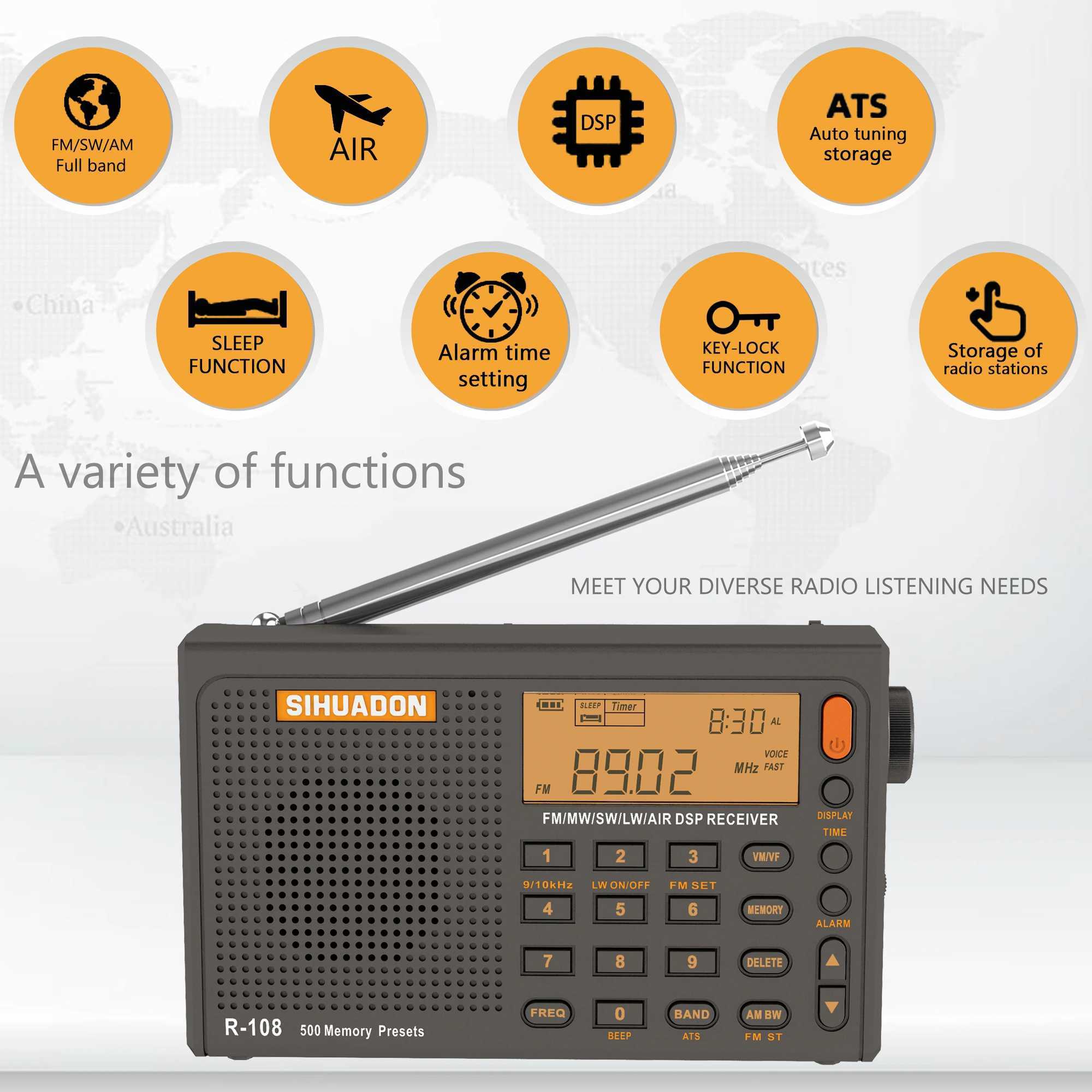 Radio Top R-108 Ra FM Stereo Digital Portable Ra AM SW Air Ra Receiver Al Function Display Clock Temperature Speaker Z241106