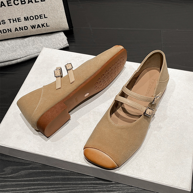 Patchwork Soft Leather Mary Jane Sneakers for Women - Flats with Double Button Strap and Square Toe