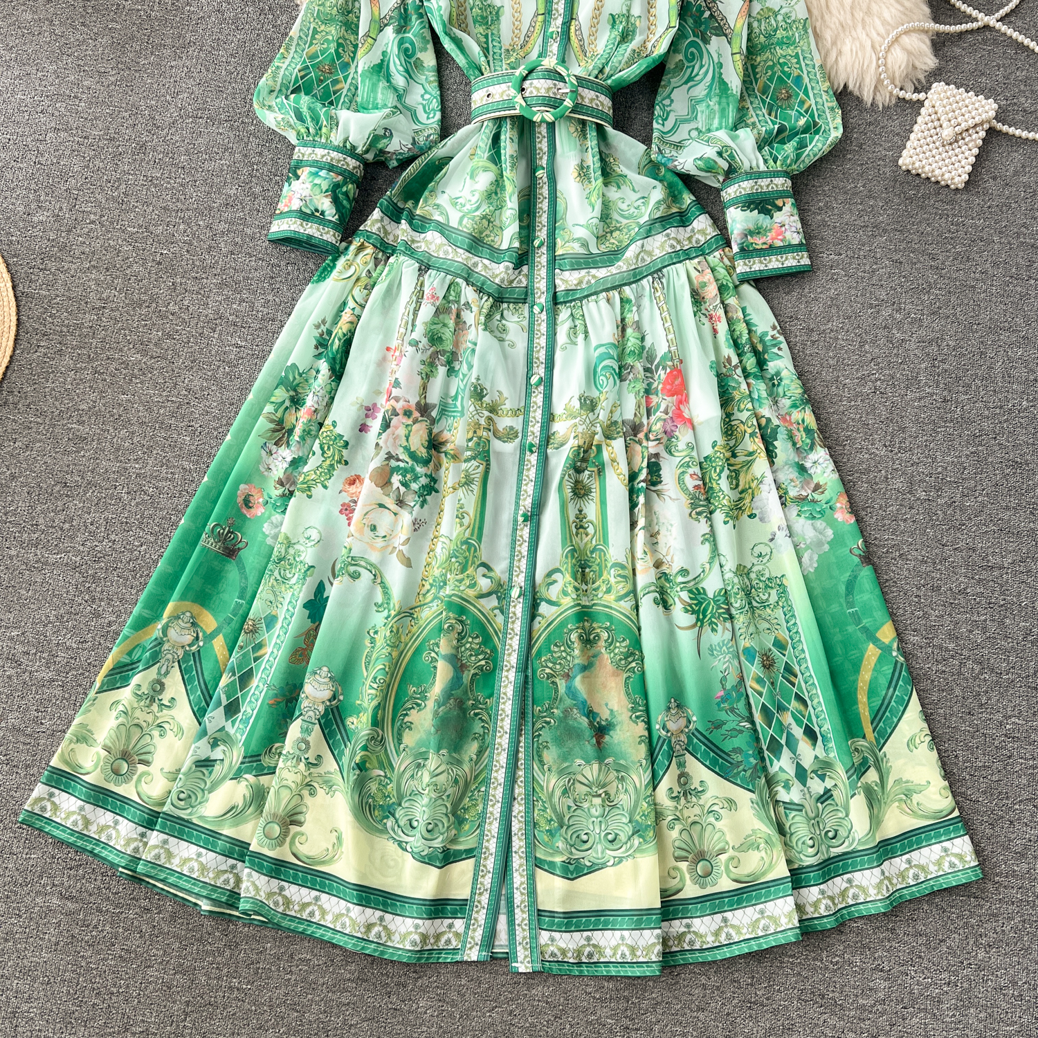 Urban Sexy Dresses 2025 Bohemian Chiffon Green Maxi Dress Women's Stand Long Lantern Sleeve Single Breasted Wer Print Belt Holiday Robe Vestidos