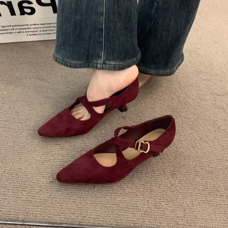 Cross strap low heel red single shoe women's 2024 spring and autumn temperament matching skirt niche evening Mary Jane shoes