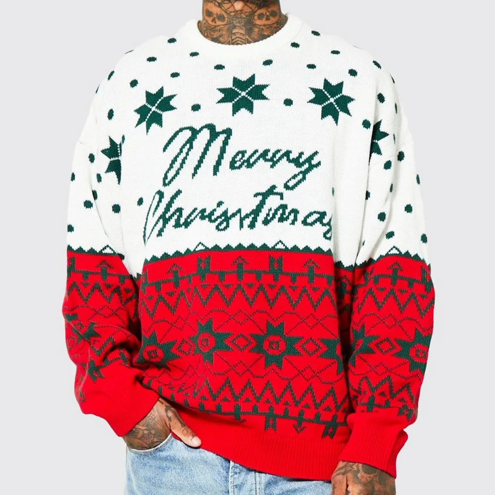 European and American Mens Fashion Knitted Jacquard Loose Round Neck Pullover Sweater for Autumn and Winter and Christmas. 241106