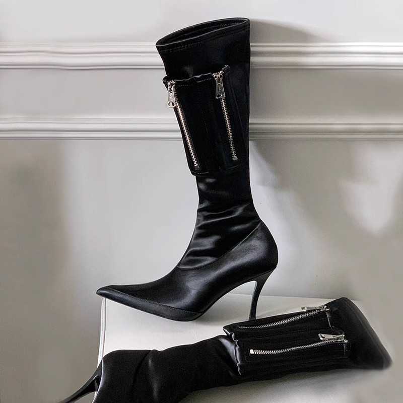 CMM New Pointed Metal Zipper High Heeled Boots Thin Heels Black Elastic and Slimming Spicy Girl Long Boots