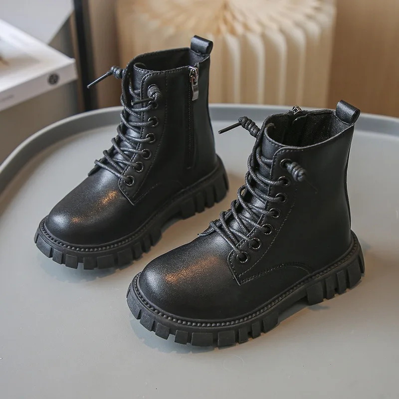 Childrens Platform Ankle Boots Autumn Winter Girls Causal Black Leather Boots Fashion Non-slip Kids School Thick Bottom Boots 241106