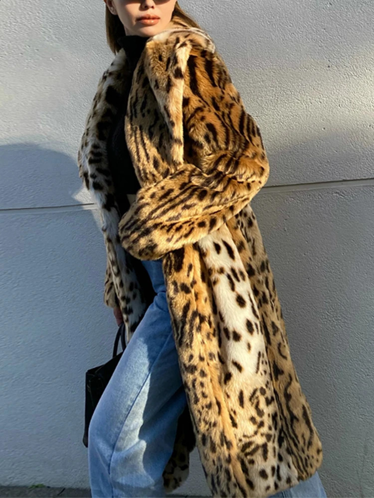 UCXQ Fashion Long Coat European Style Leopard Suit Collar Cardigan Loose All Match Casual Women Autumn Winter 4203 241104