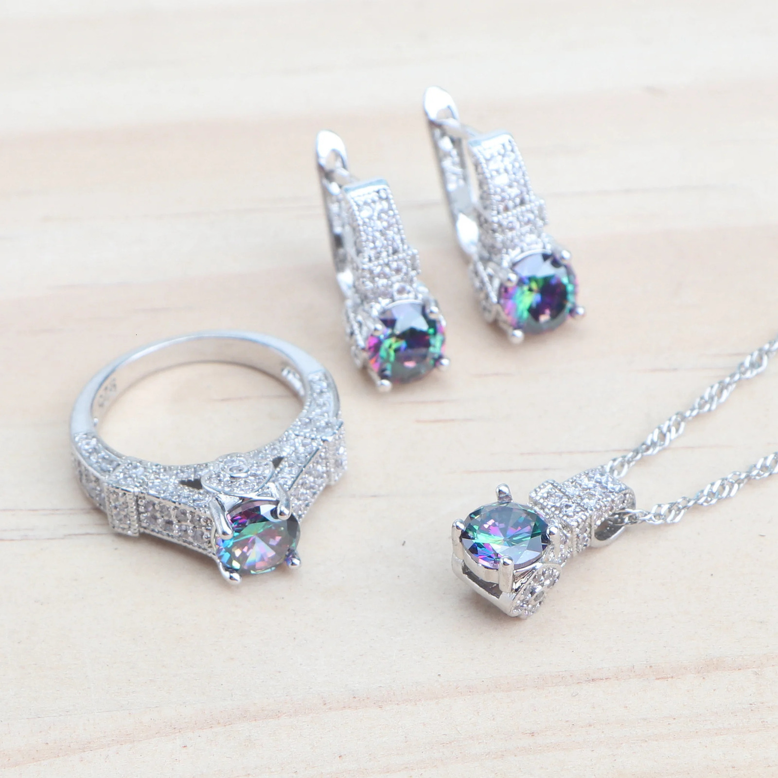 925 sterling silver jewelry set suitable for womens wedding jewelry womens purple zircon earrings bracelet set ring pendant necklace 241106