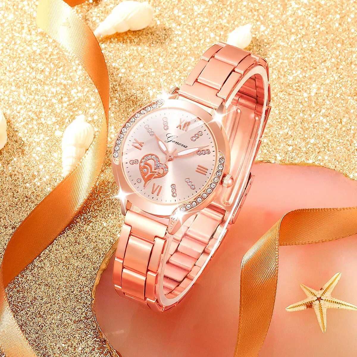 6 Womens Fashion Simple Designer Star Ran Rhinestone Steel Strap Quartz Watch Luxury Pearl Rhinestone Jewelry Set X241106