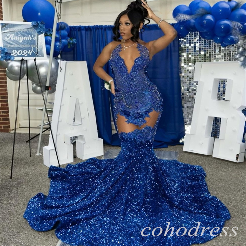 Luxury Sequin Prom Dresses Rhinestone Beaded Mermaid Black Girls Evenin Dress Plus Size Glitter African Birthday Gown Gorgeous Robe De Soiree Formal O