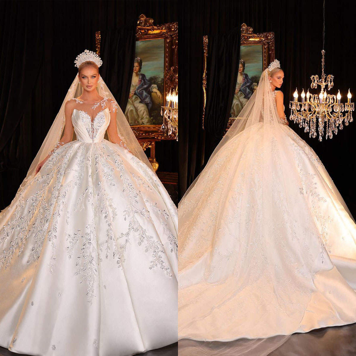Exquisite O Neck Ball Gown With Veil Sequins Beaded Crystal Wedding Dress Customized Long Sleeve Sweep Train Bridal Dresses
