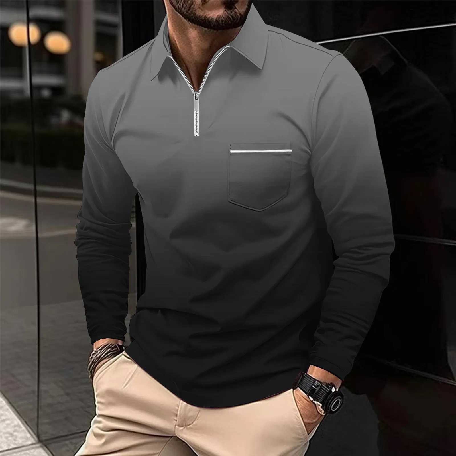 Spring and Autumn Mens Sports Long Sleeve Sve Collar Colorful Shirt Quty Slim fit Knitted Zipper Pocket Shirt W241106