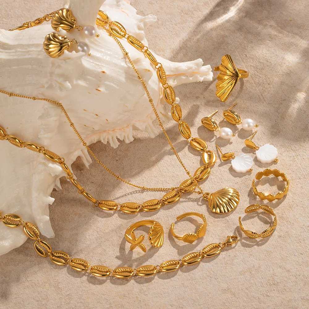 18K PVD galvanized design stainless steel beach resort shell element waterproof pendant necklace/earring metal enchanting jewelry X241106