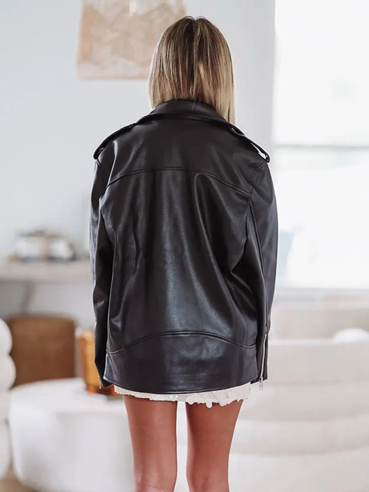 Elegant Turn-down Collar Women Jacket Fashion Pu Leather Full Sleeve Female Coat With Zipper Locomotive Loose Ladies Outwear 241106