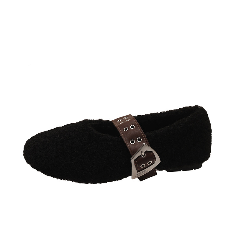 2024 Autumn/Winter New Lamb Wool Bean Women's Shoes with Velvet Warm Flat Fury Shoes Fashion Strap Single Shoes for Women