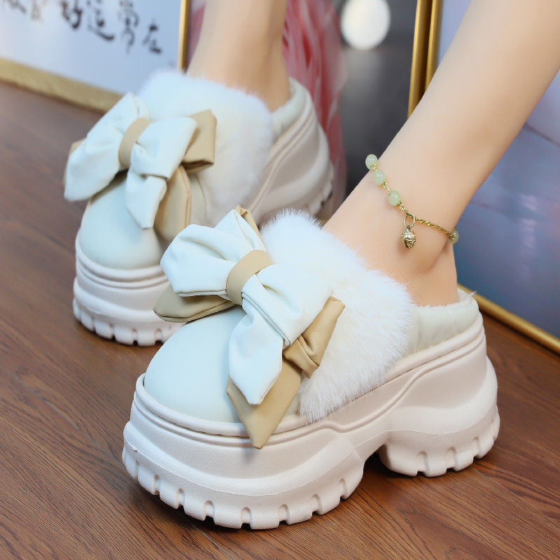 High Heels 7.5cm Bow Slippers Home Women's 2025 Designer New Autumn/winter Warm Thick Bottom Plush Slippers Women's Platform Waterproof Slip