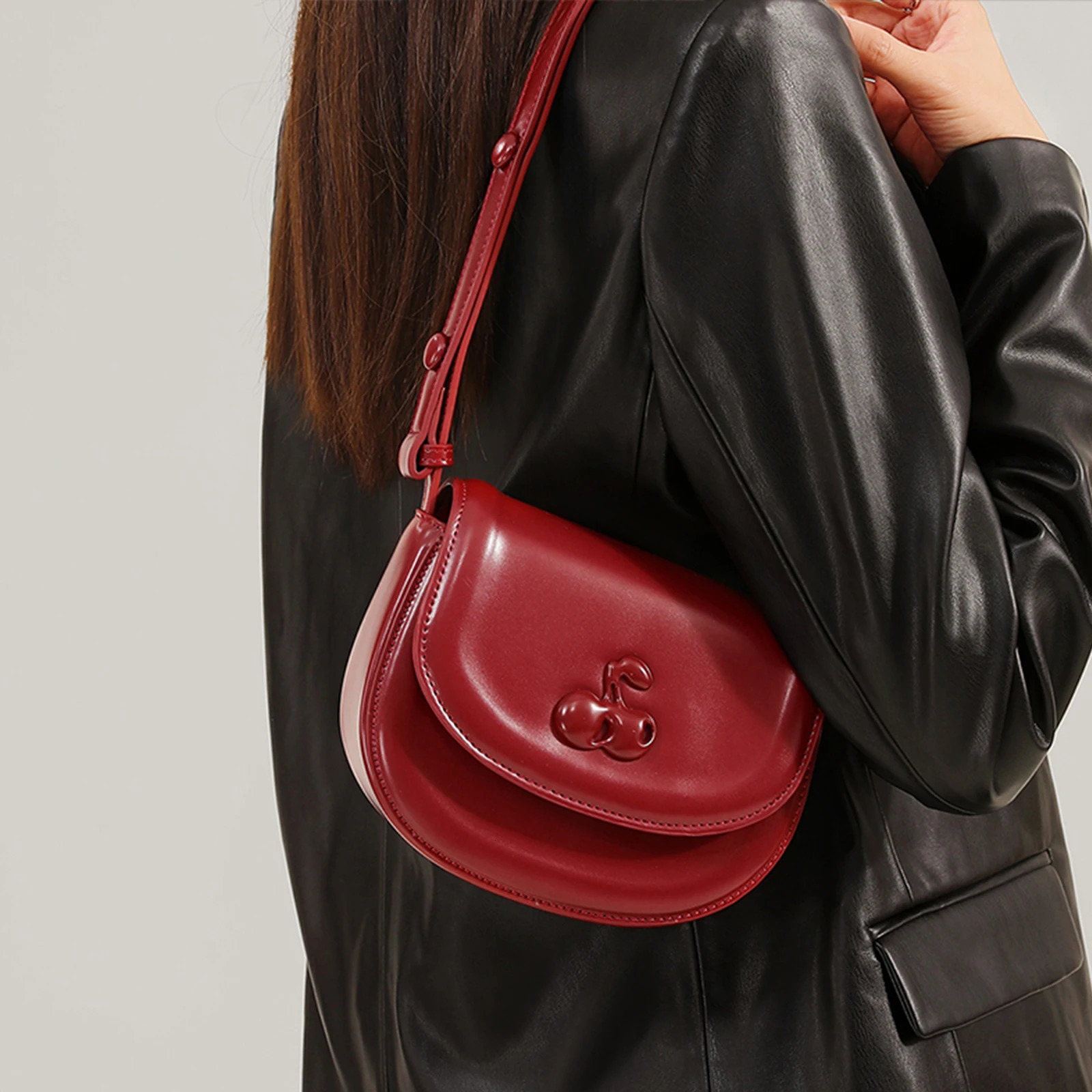 TOUTOU Shoulder Saddle Bag Adjustable Shoulder Strap Cosmetics PU Cherry Women 2024 Fashion Ten Font Handbag Women Christmas Gift241106