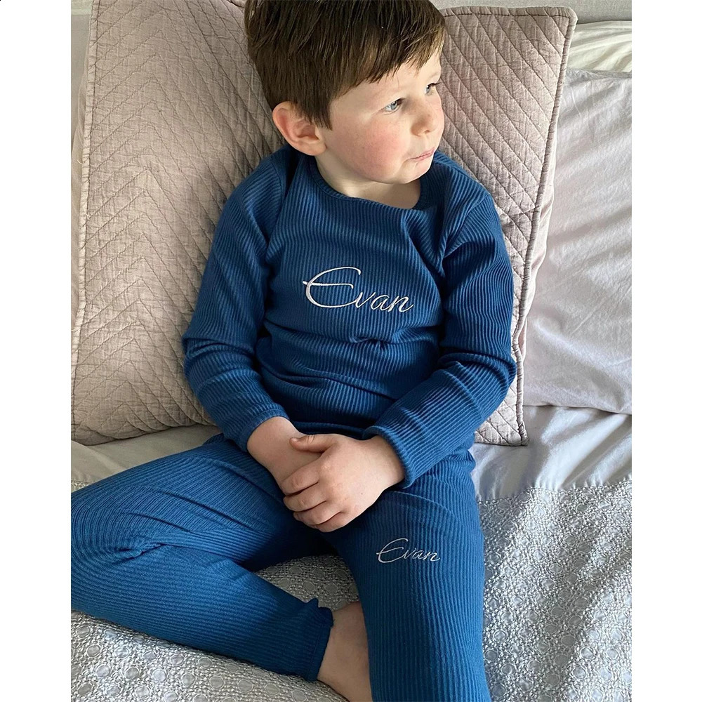 2024 Custom Toddler Kids Ribbed Knitting Pajamas Solid Cotton Winter Lounge Boy Girl Casual Pyjamas Children Warm Sleepwear 240327