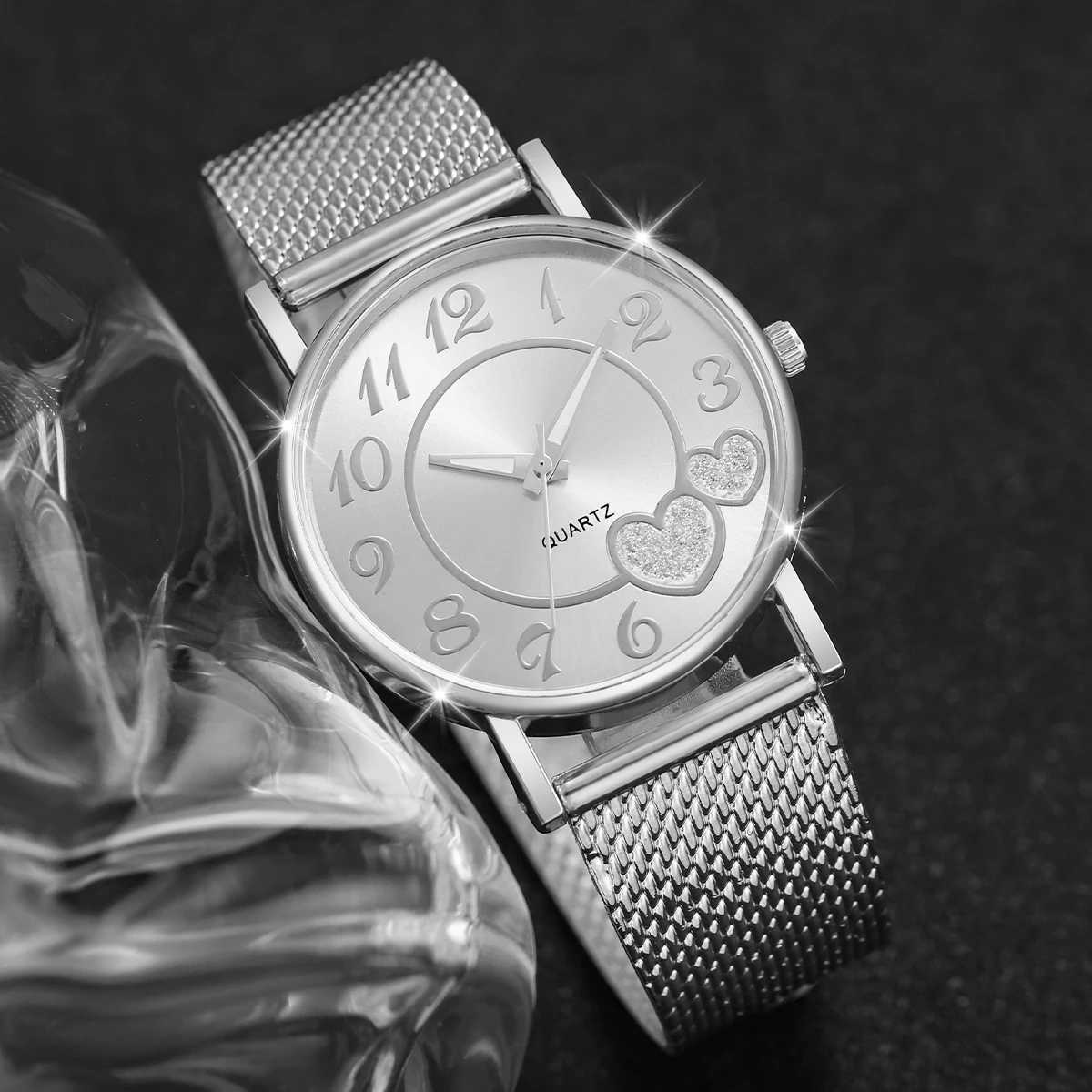 6-piece/set fashion dial thermometer plastic strap quartz watch rhinestone jewelry set (frameless) X241106