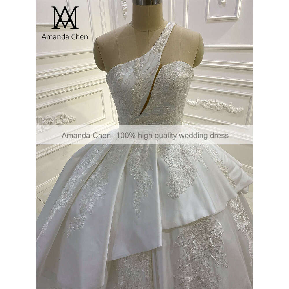 One Shoulder Lace Applique Tiered Satin Wedding Dress