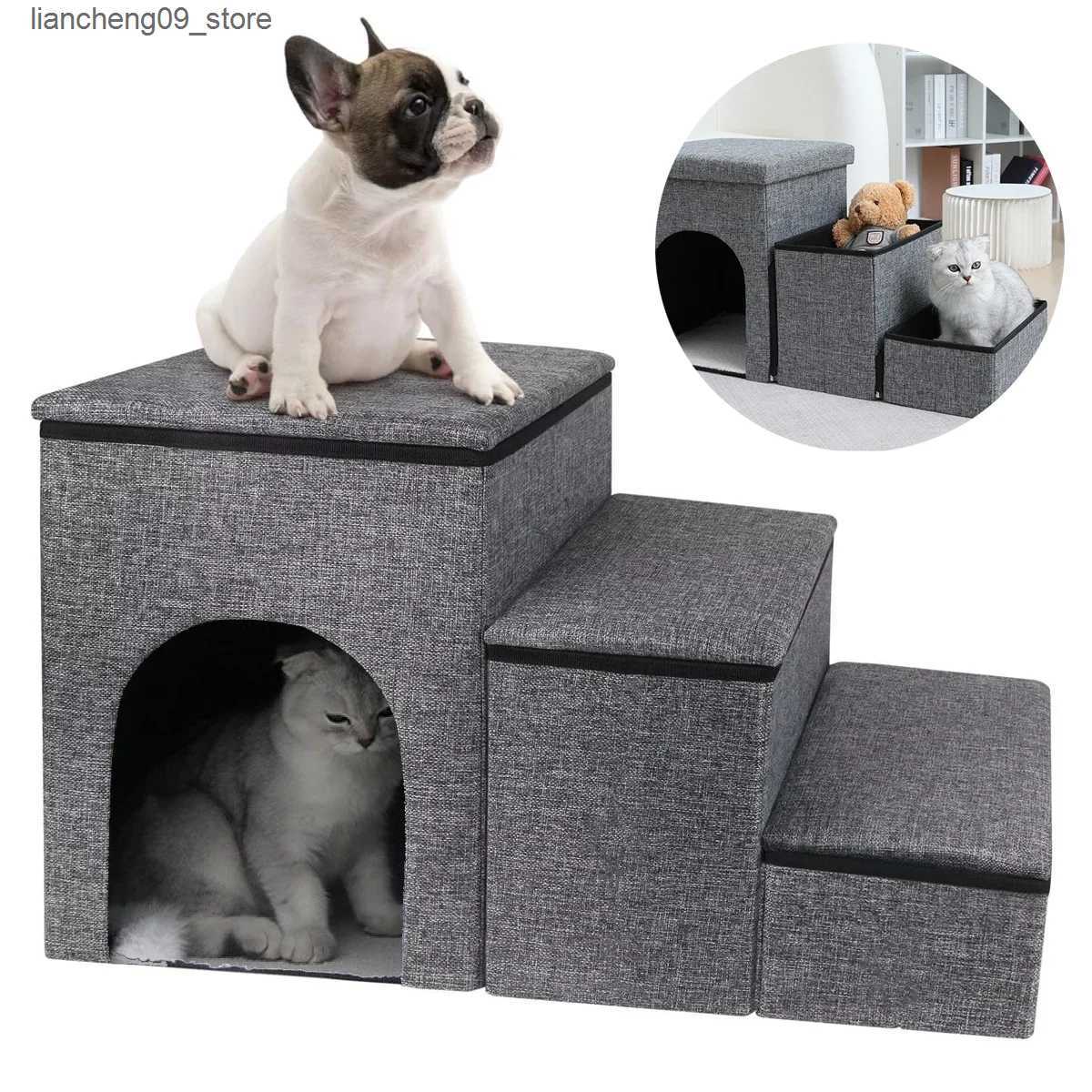 kennels pens Folding Thick Puppy Staircase W/Storage Box Durable Dog Bed 3-level Staircase Ramp W/Dog Accessories Hole Cat Bed L240910