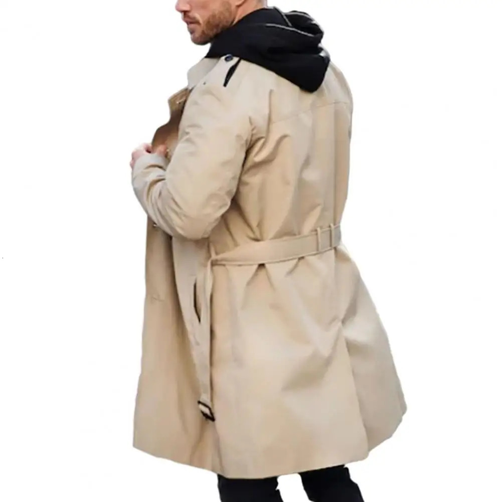 Mens autumn and winter solid color windproof lapel long sleeved double-layer pocket belt slim fit jacket 241106