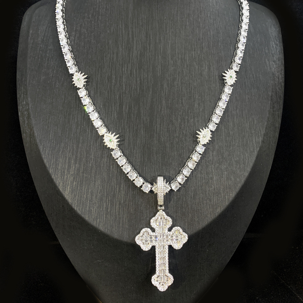 Hip Hop Cross Pendant Necklace with 5mm Tennis Chain Jewelry Set Gold Plated